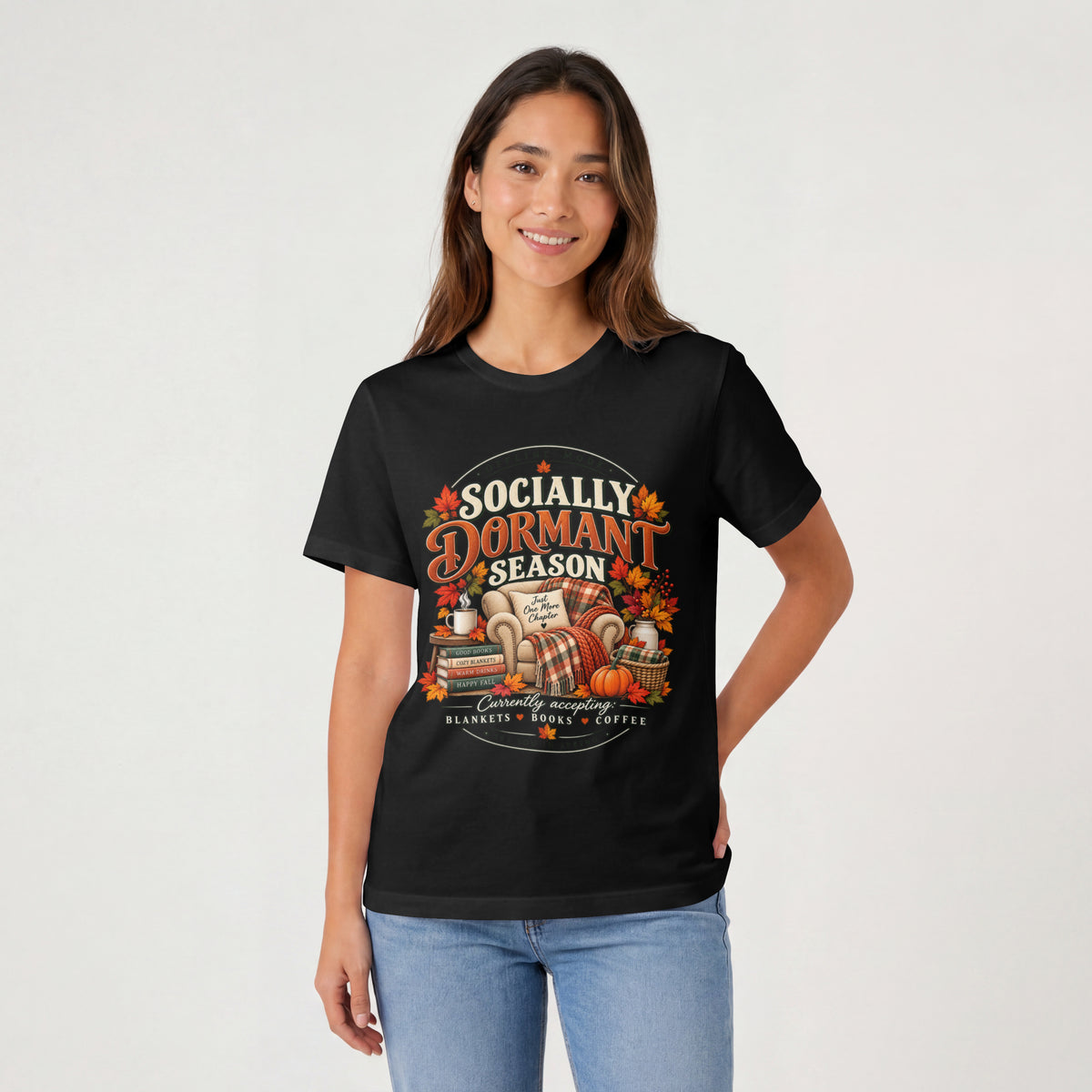Fall 'Socially Dormant Season' Tee — Funny Fall Bookworm Graphic Tee, Cozy Reading Clothes, Autumn Introvert T-shirt
