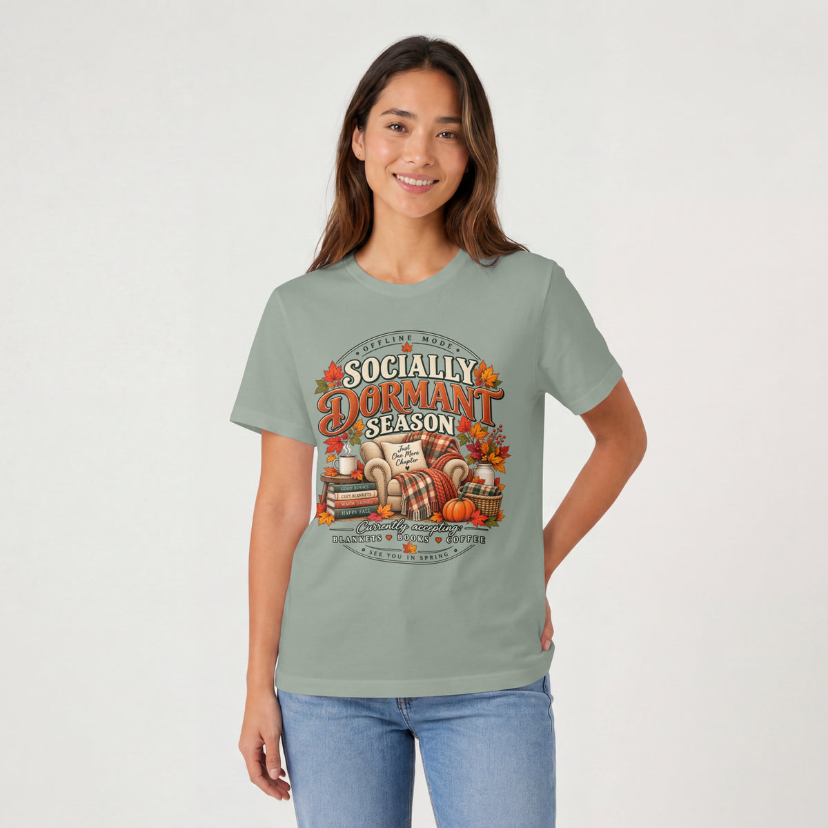 Fall 'Socially Dormant Season' Tee — Funny Fall Bookworm Graphic Tee, Cozy Reading Clothes, Autumn Introvert T-shirt