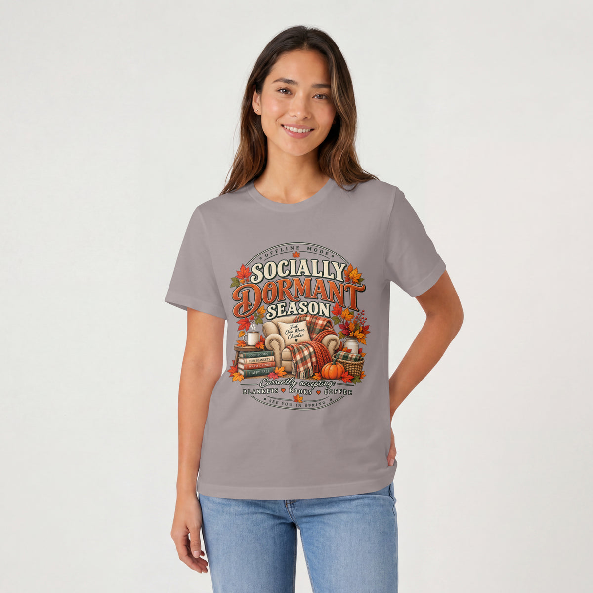 Fall 'Socially Dormant Season' Tee — Funny Fall Bookworm Graphic Tee, Cozy Reading Clothes, Autumn Introvert T-shirt