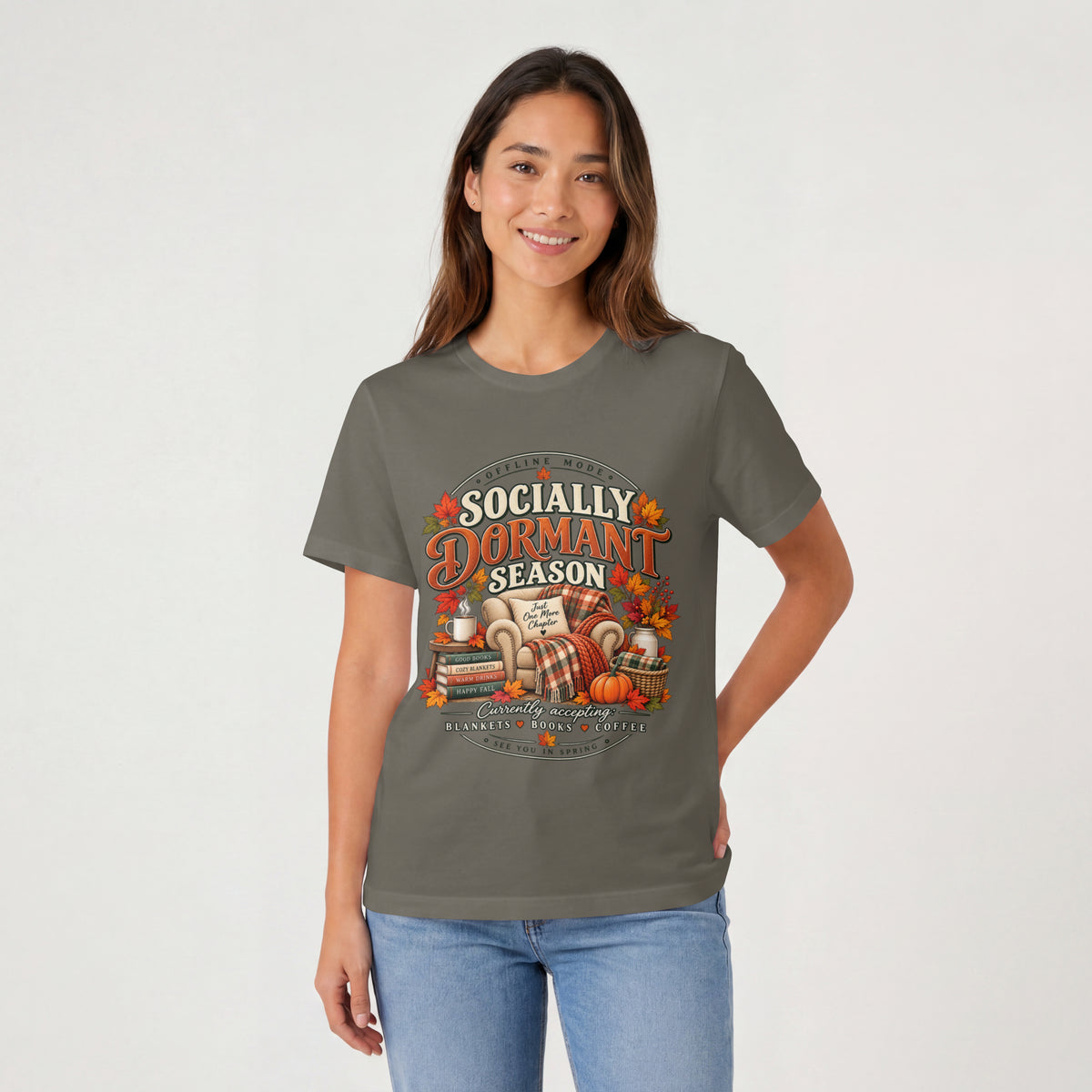 Fall 'Socially Dormant Season' Tee — Funny Fall Bookworm Graphic Tee, Cozy Reading Clothes, Autumn Introvert T-shirt