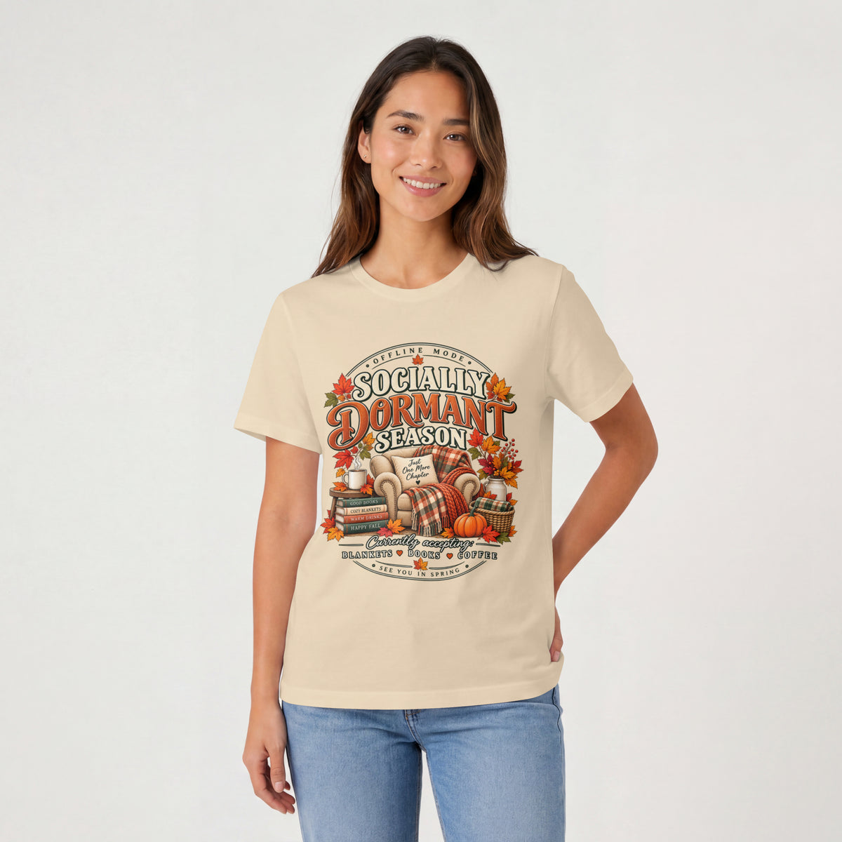 Fall 'Socially Dormant Season' Tee — Funny Fall Bookworm Graphic Tee, Cozy Reading Clothes, Autumn Introvert T-shirt