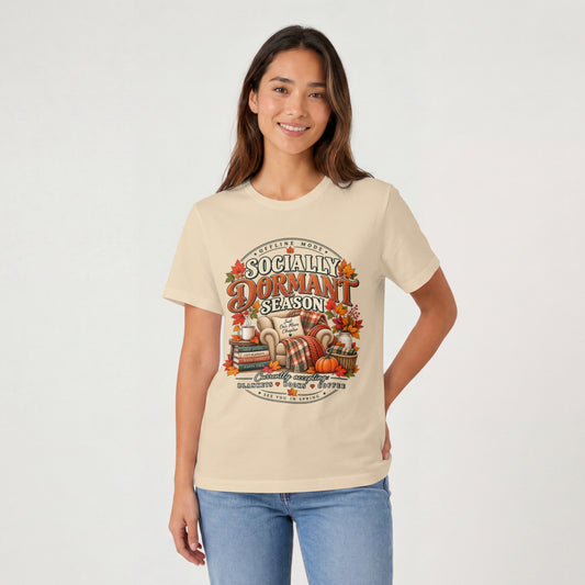 Fall 'Socially Dormant Season' Tee — Funny Fall Bookworm Graphic Tee, Cozy Reading Clothes, Autumn Introvert T-shirt