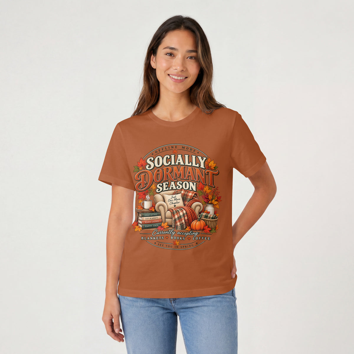 Fall 'Socially Dormant Season' Tee — Funny Fall Bookworm Graphic Tee, Cozy Reading Clothes, Autumn Introvert T-shirt