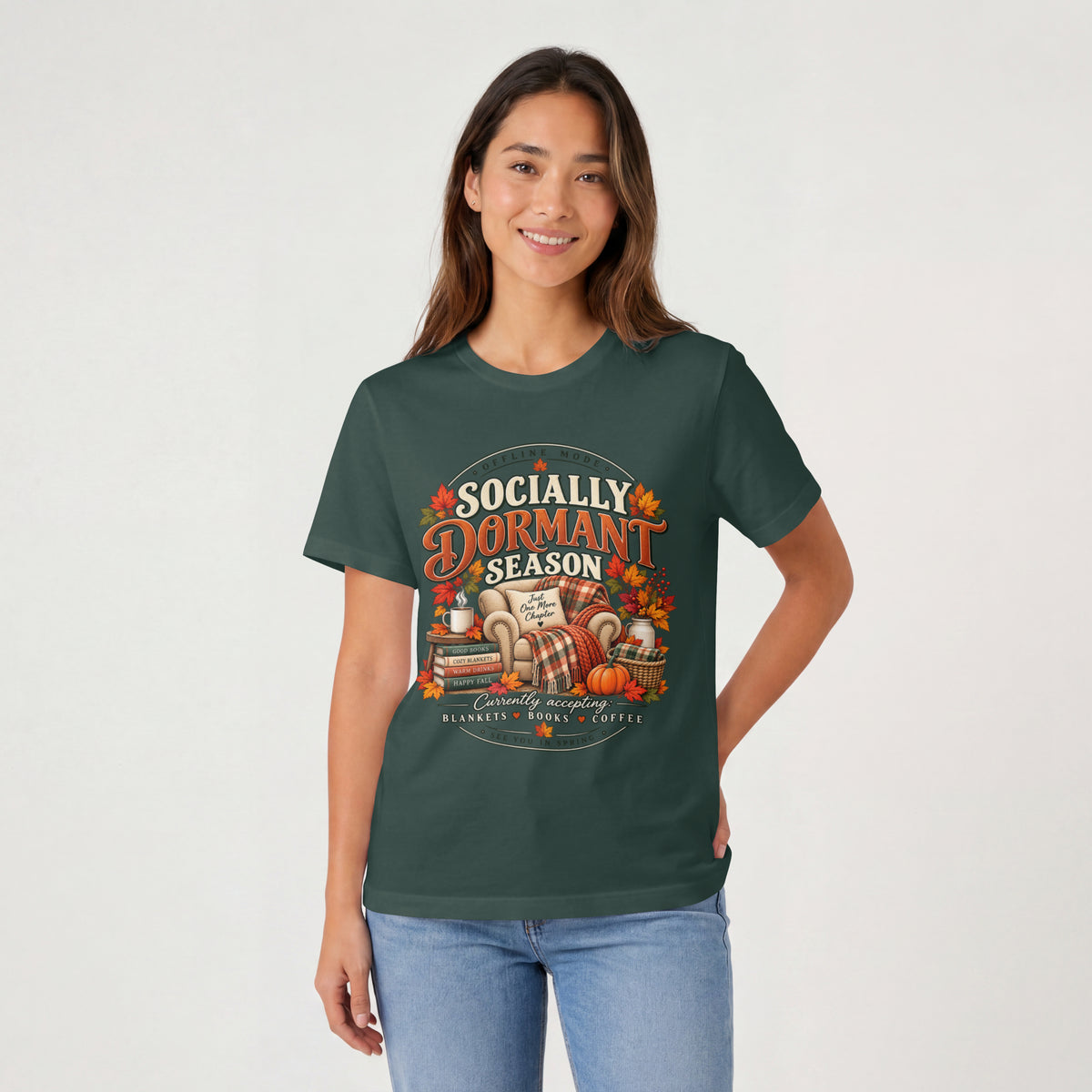 Fall 'Socially Dormant Season' Tee — Funny Fall Bookworm Graphic Tee, Cozy Reading Clothes, Autumn Introvert T-shirt