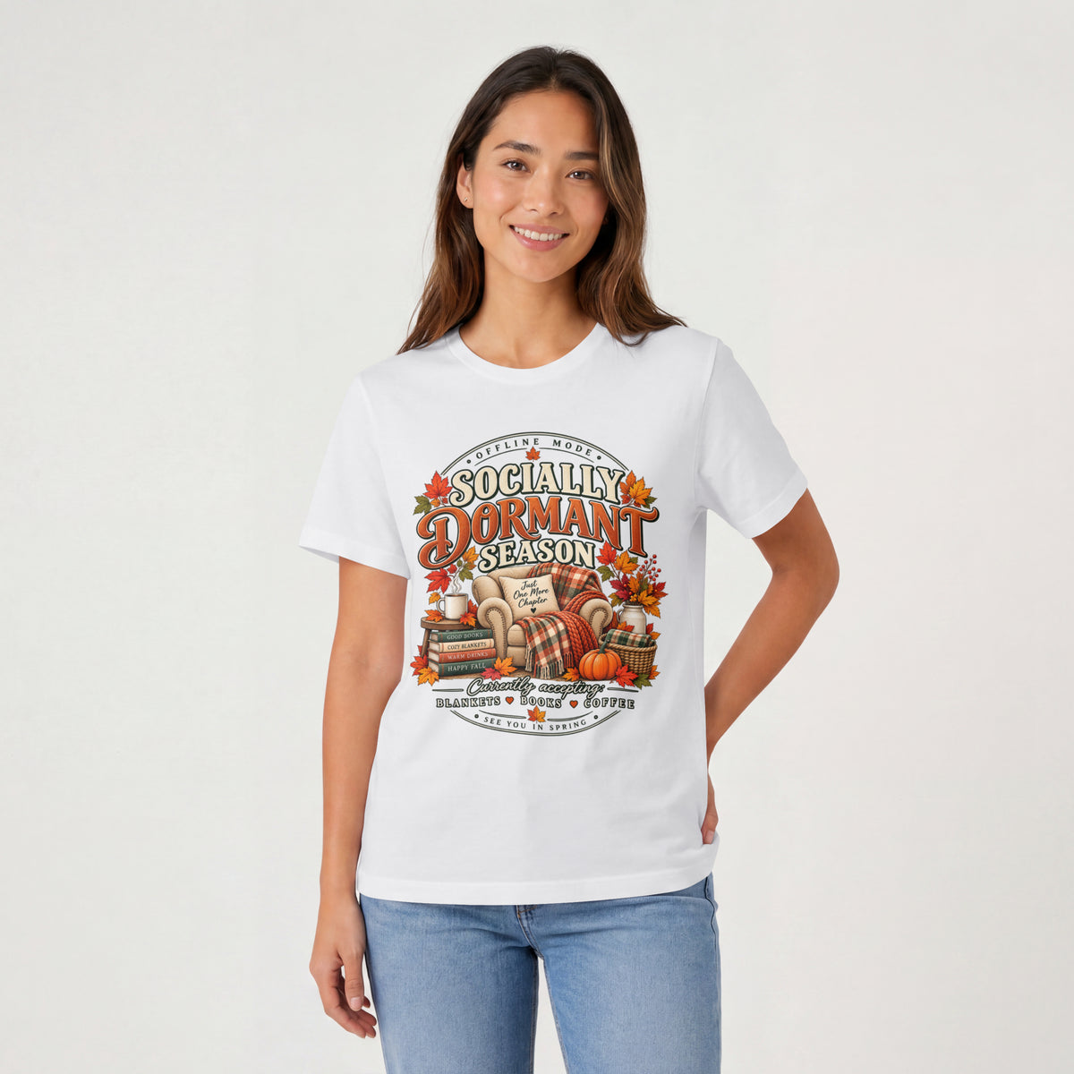 Fall 'Socially Dormant Season' Tee — Funny Fall Bookworm Graphic Tee, Cozy Reading Clothes, Autumn Introvert T-shirt