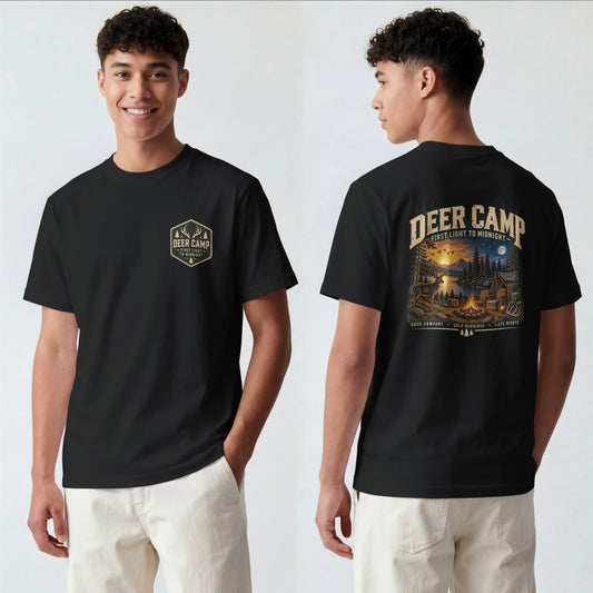 Deer Camp Graphic T-shirt — First Light to Midnight — Hunting Camp Shirt