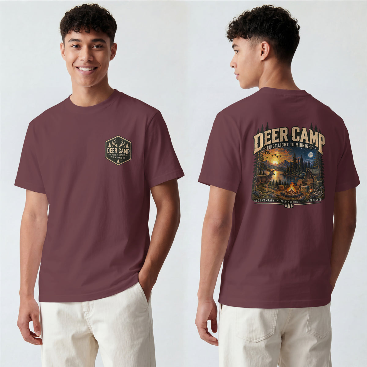 Deer Camp Graphic T-shirt — First Light to Midnight — Hunting Camp Shirt