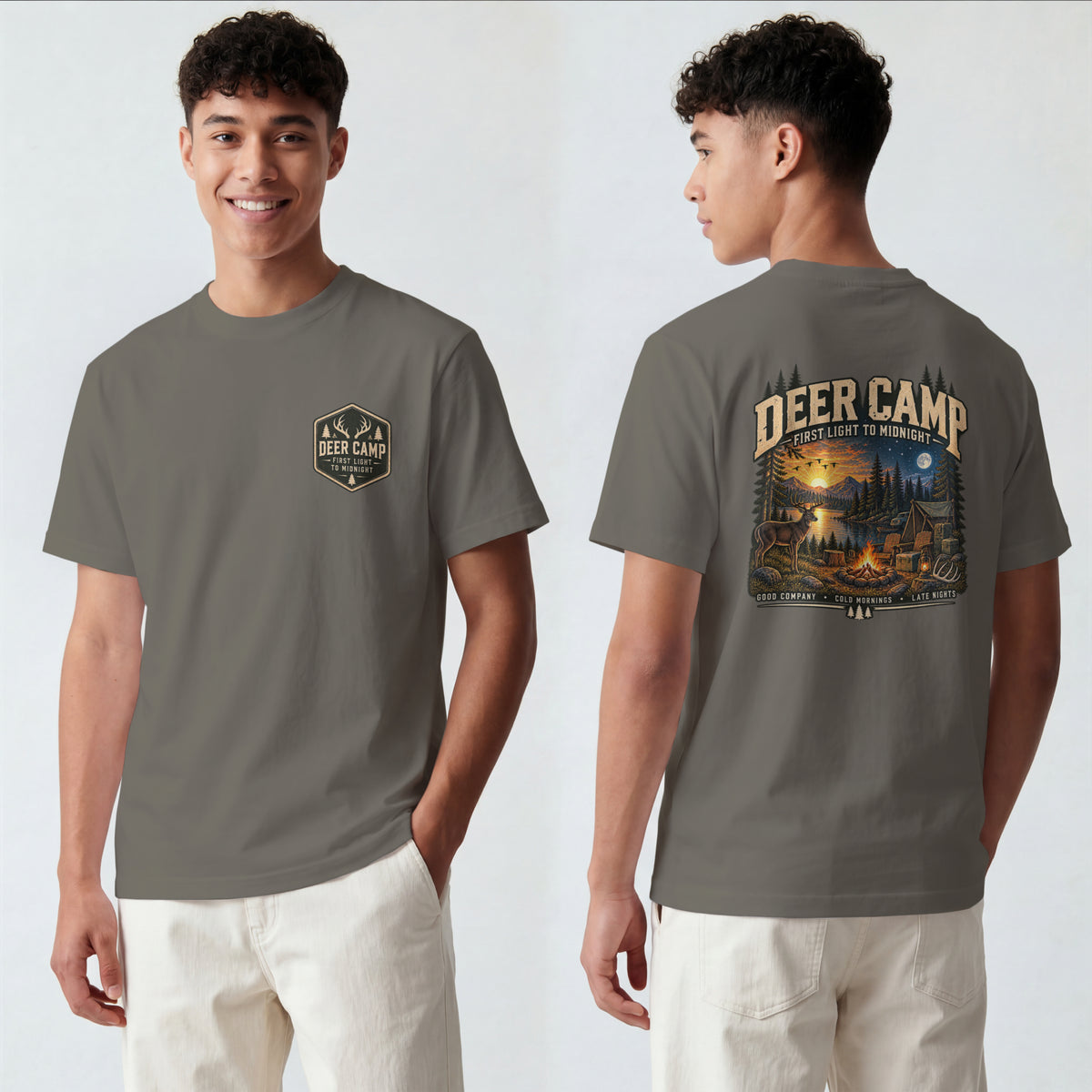 Deer Camp Graphic T-shirt — First Light to Midnight — Hunting Camp Shirt