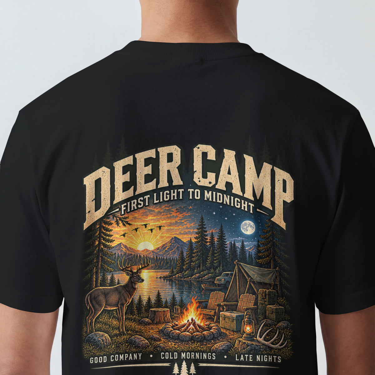 Deer Camp Graphic T-shirt — First Light to Midnight — Hunting Camp Shirt
