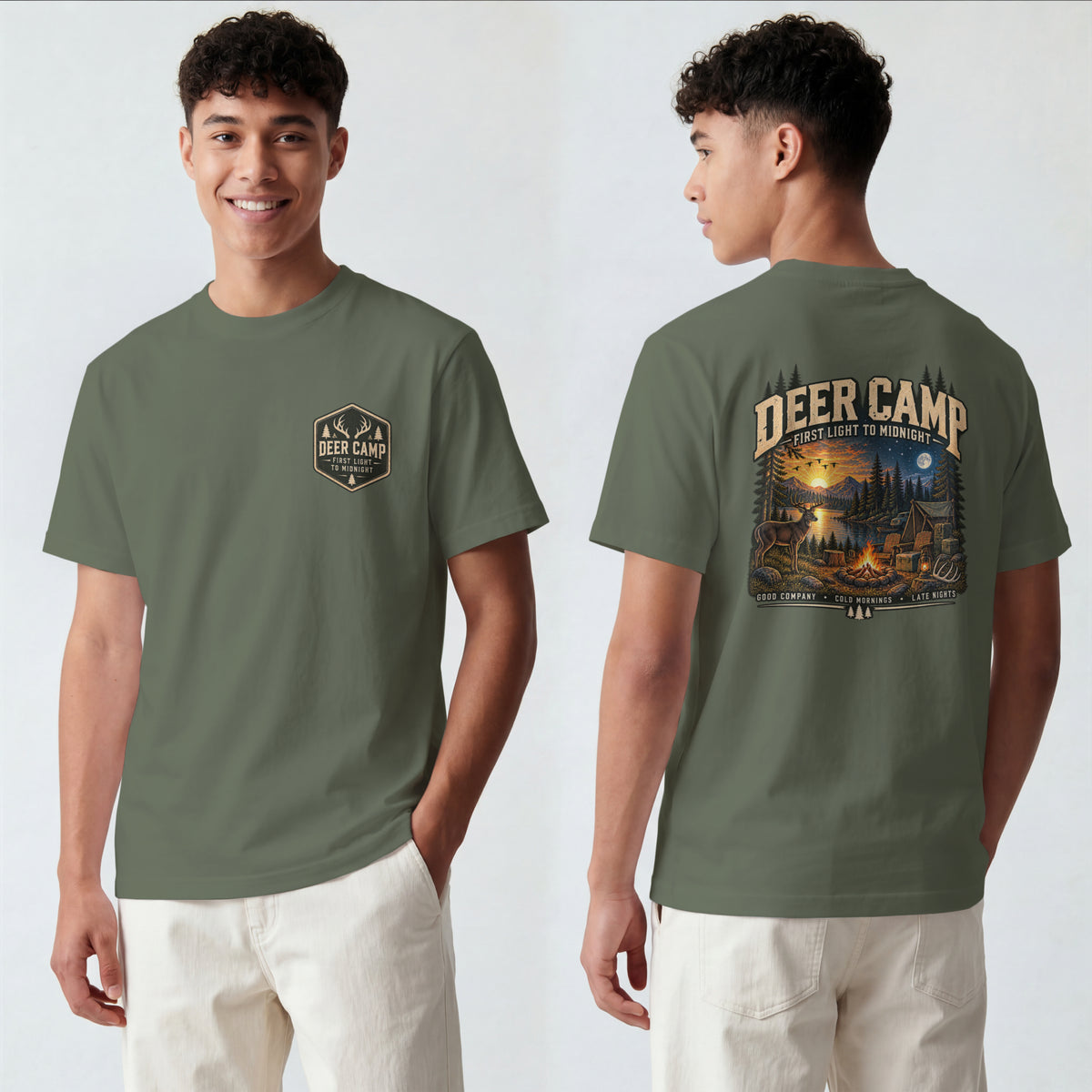 Deer Camp Graphic T-shirt — First Light to Midnight — Hunting Camp Shirt