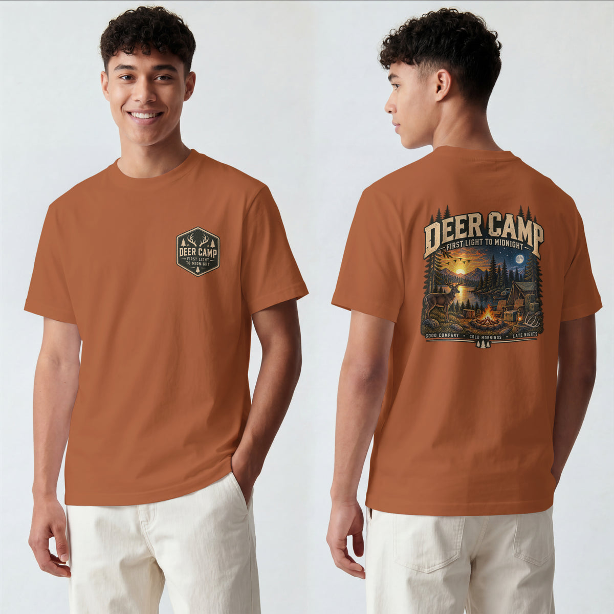 Deer Camp Graphic T-shirt — First Light to Midnight — Hunting Camp Shirt