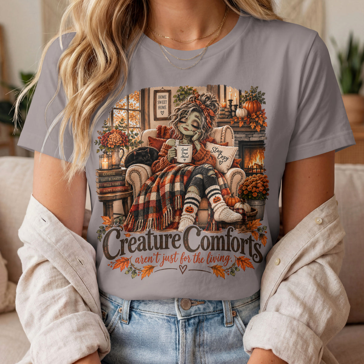 Creature Comforts Cozy Fall T‑Shirt — 'Creature Comforts' Vintage Pumpkin & Plaid Autumn Tee