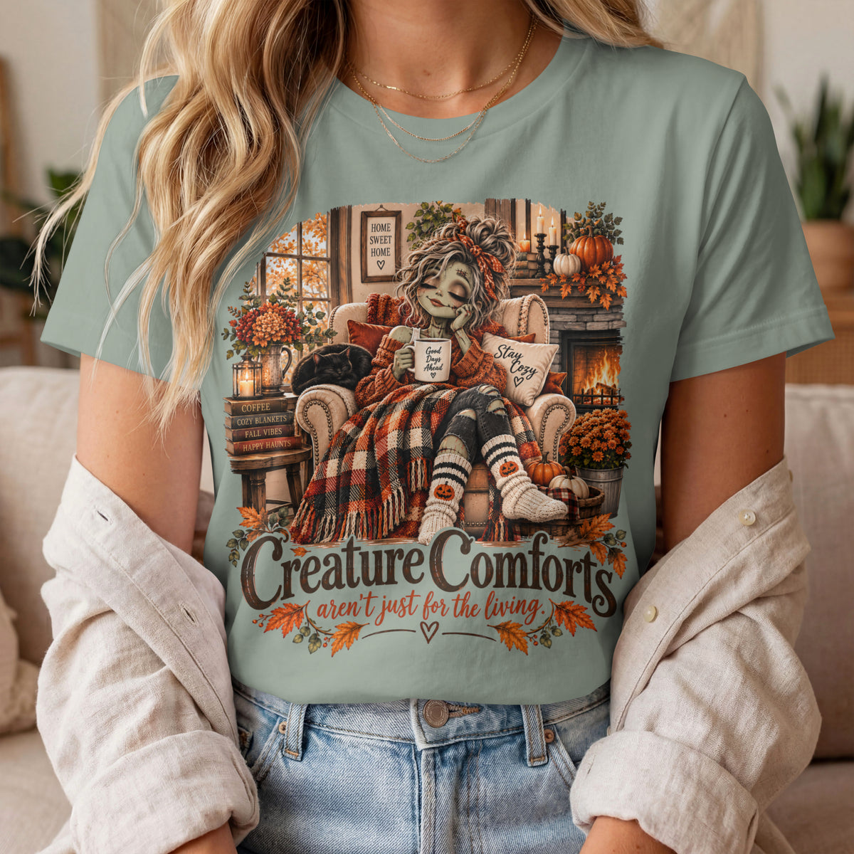 Creature Comforts Cozy Fall T‑Shirt — 'Creature Comforts' Vintage Pumpkin & Plaid Autumn Tee