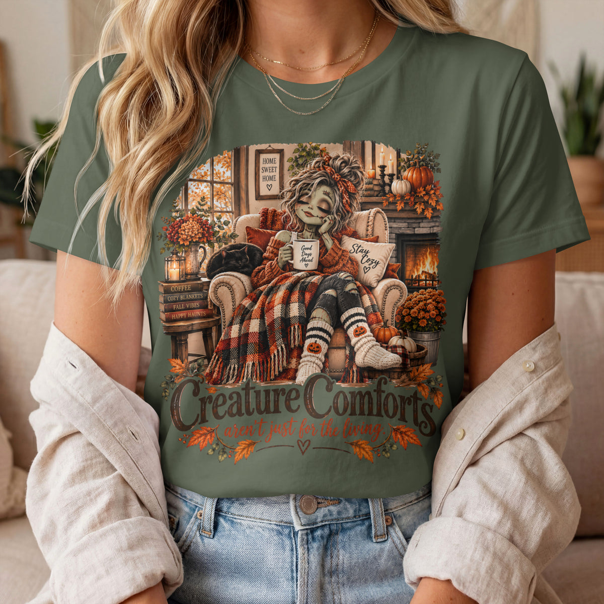 Creature Comforts Cozy Fall T‑Shirt — 'Creature Comforts' Vintage Pumpkin & Plaid Autumn Tee