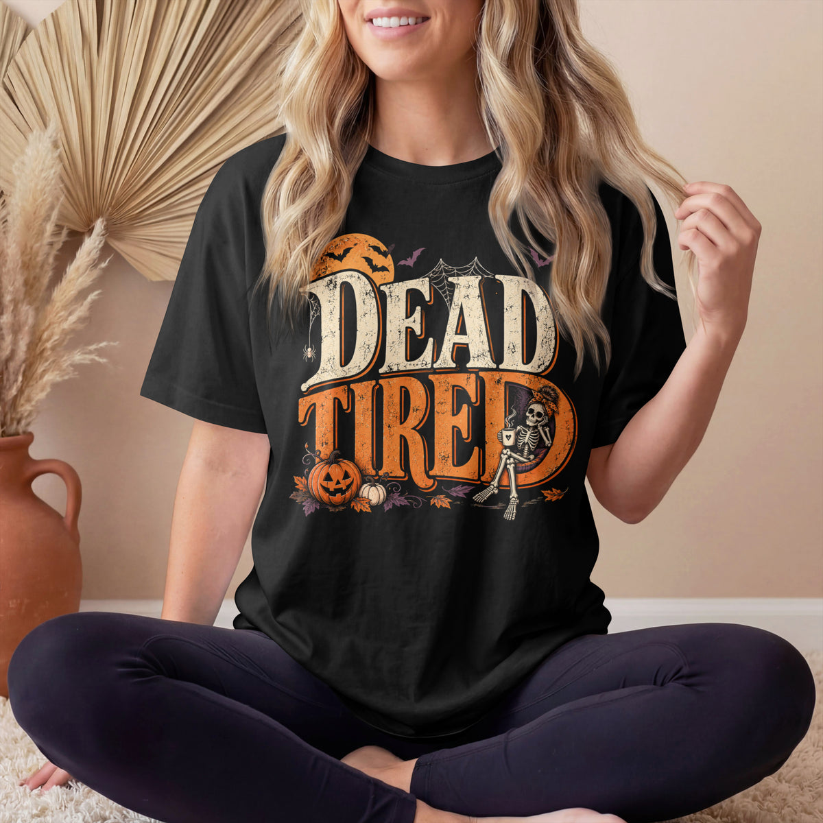 Dead Tired Halloween Shirt | Vintage Skeleton Halloween Tee | Funny Spooky Season Shirt | Bella+Canvas Fall Halloween Graphic Tee | Bella+Canvas Dead Tired Halloween Tee