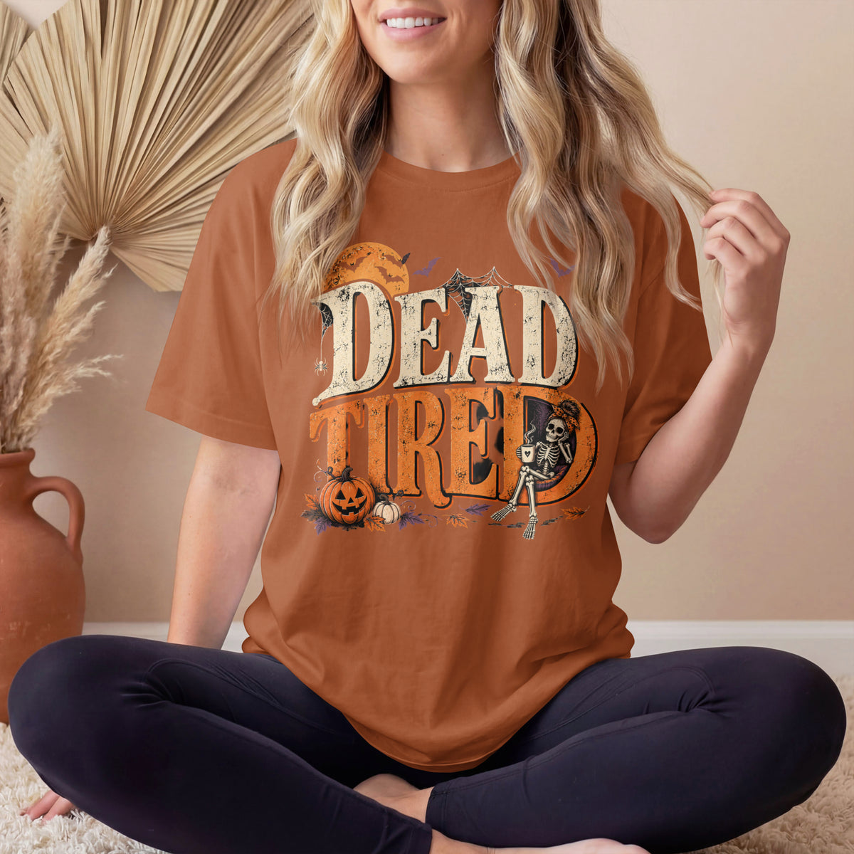 Dead Tired Halloween Shirt | Vintage Skeleton Halloween Tee | Funny Spooky Season Shirt | Bella+Canvas Fall Halloween Graphic Tee | Bella+Canvas Dead Tired Halloween Tee
