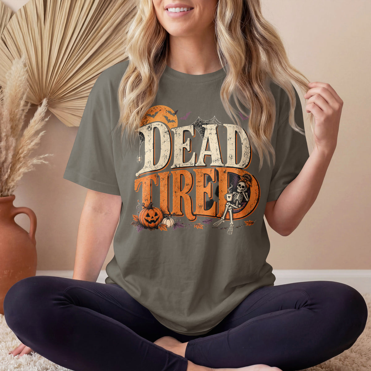 Dead Tired Halloween Shirt | Vintage Skeleton Halloween Tee | Funny Spooky Season Shirt | Bella+Canvas Fall Halloween Graphic Tee | Bella+Canvas Dead Tired Halloween Tee