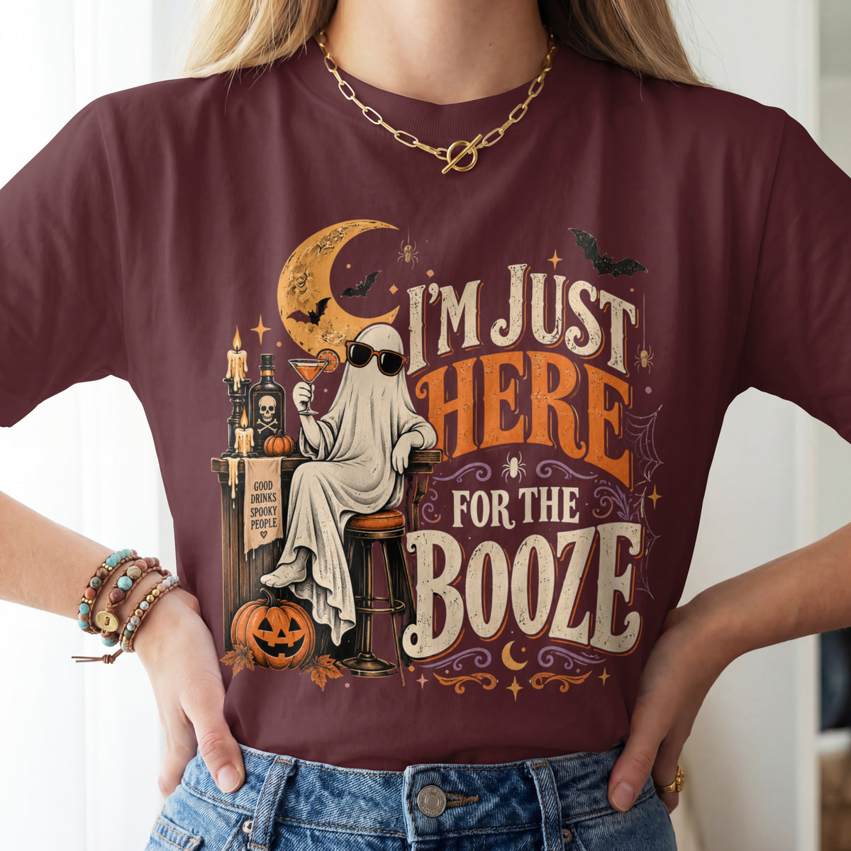 I'm Just Here for the Booze Shirt | Funny Halloween Shirt | Vintage Witchy Halloween Tee | Bella+Canvas Spooky Season Party Shirt