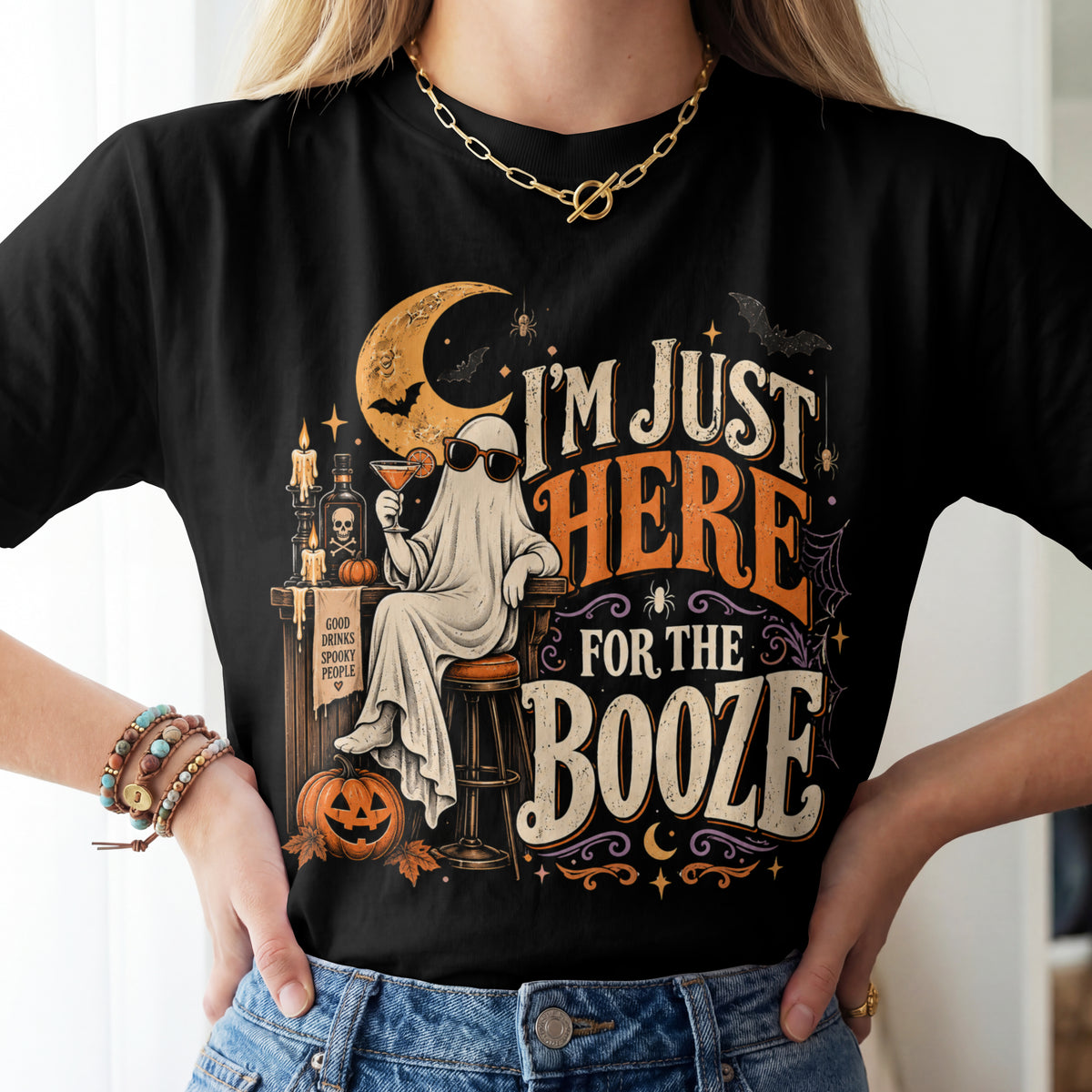 I'm Just Here for the Booze Shirt | Funny Halloween Shirt | Vintage Witchy Halloween Tee | Bella+Canvas Spooky Season Party Shirt