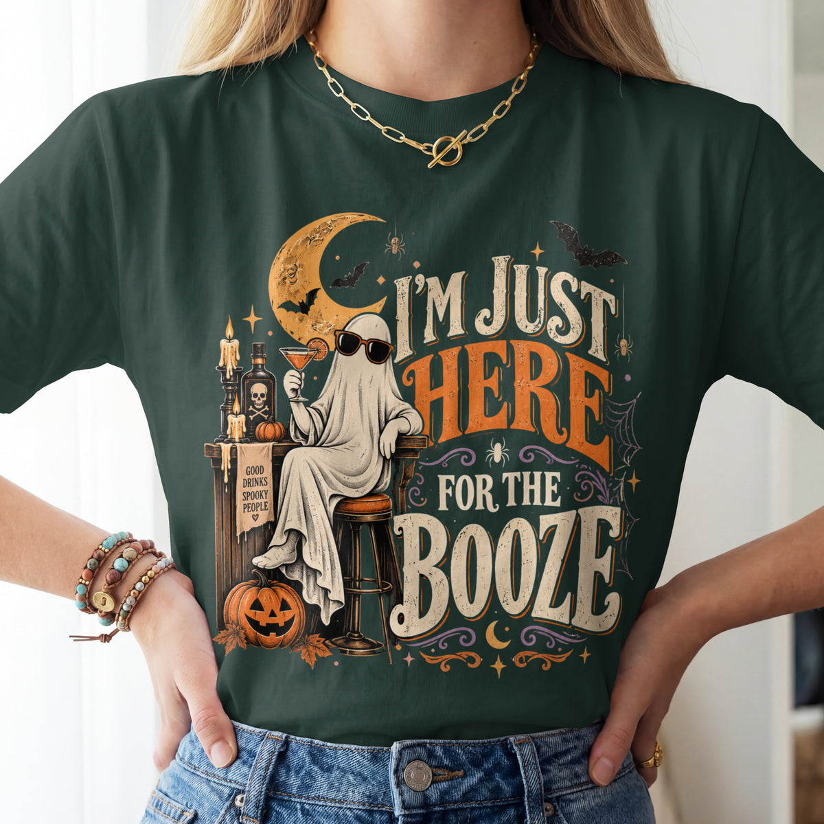 I'm Just Here for the Booze Shirt | Funny Halloween Shirt | Vintage Witchy Halloween Tee | Bella+Canvas Spooky Season Party Shirt