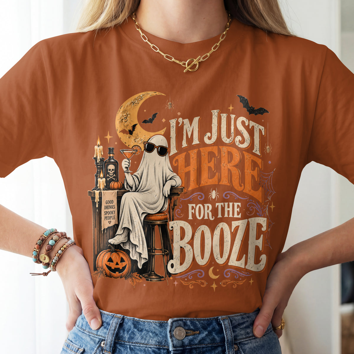 I'm Just Here for the Booze Shirt | Funny Halloween Shirt | Vintage Witchy Halloween Tee | Bella+Canvas Spooky Season Party Shirt
