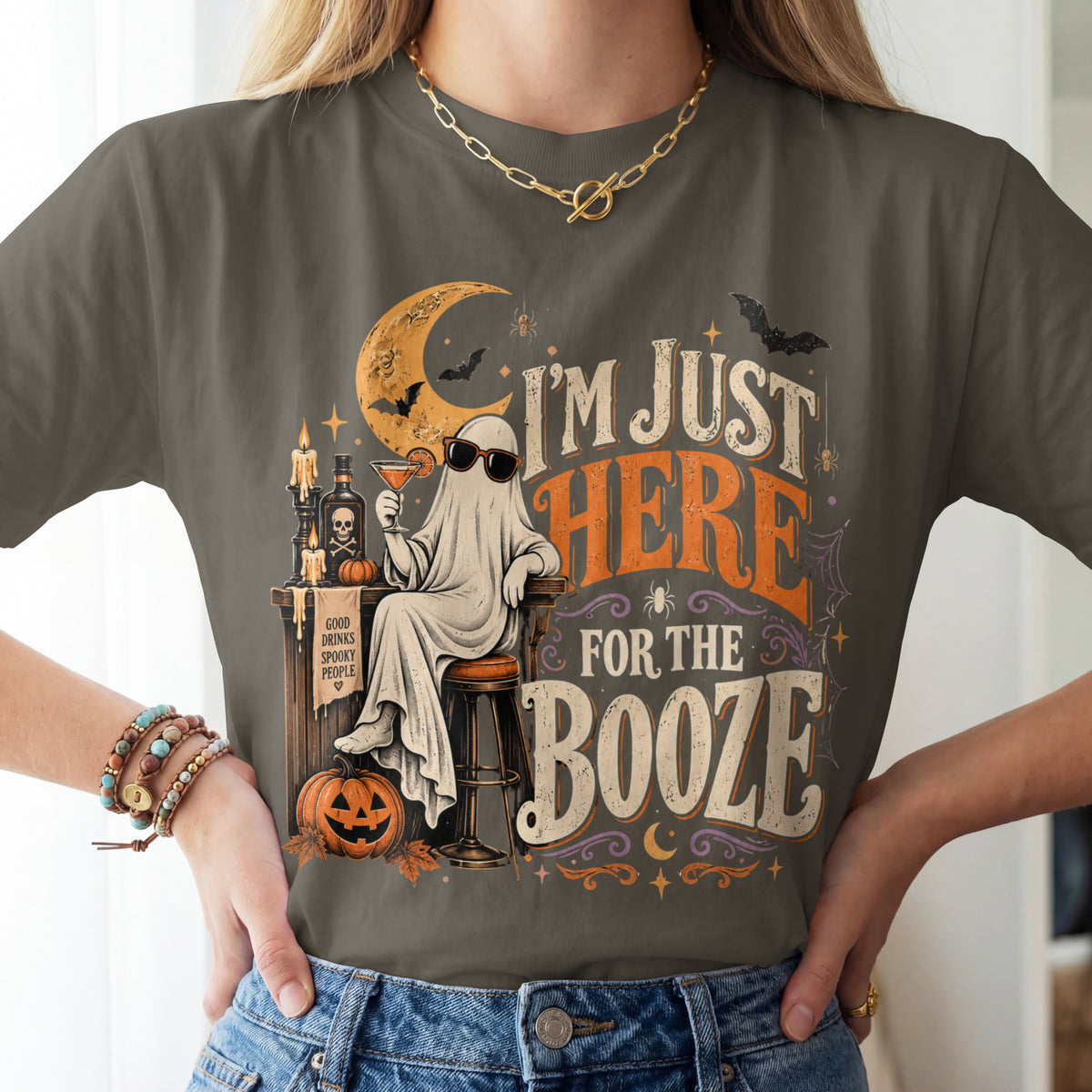 I'm Just Here for the Booze Shirt | Funny Halloween Shirt | Vintage Witchy Halloween Tee | Bella+Canvas Spooky Season Party Shirt