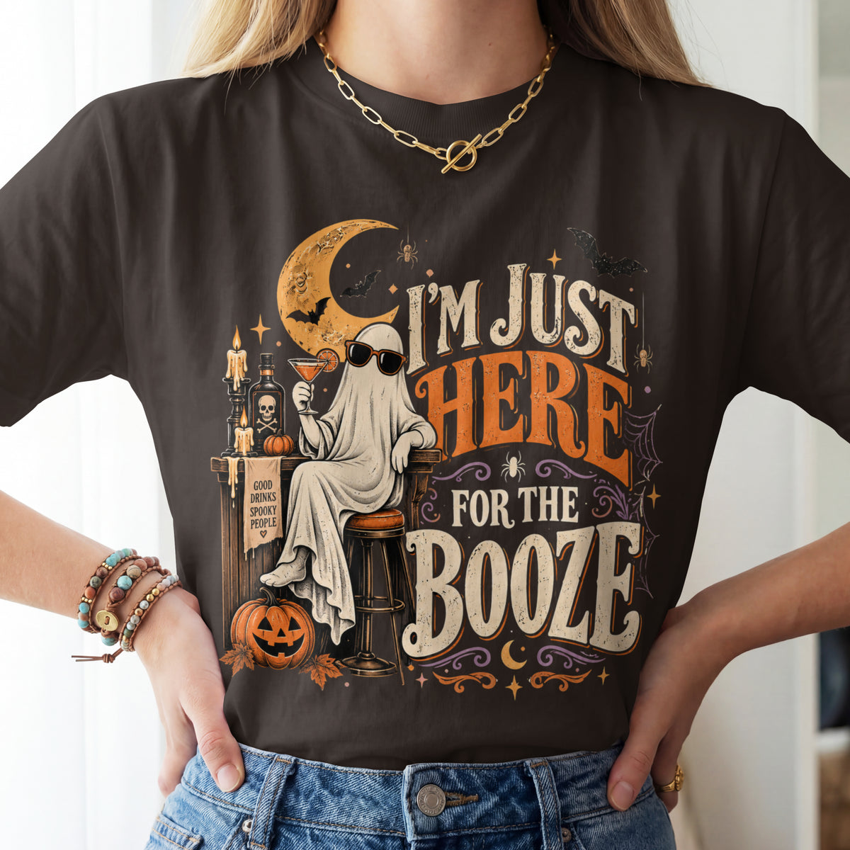 I'm Just Here for the Booze Shirt | Funny Halloween Shirt | Vintage Witchy Halloween Tee | Bella+Canvas Spooky Season Party Shirt