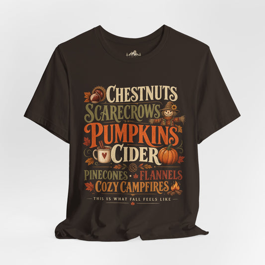 Fall Shirt | Pumpkins & Cider Tee | Cozy Autumn Shirt | Chestnuts Scarecrows Pinecones & Campfires | Fall Graphic Tee