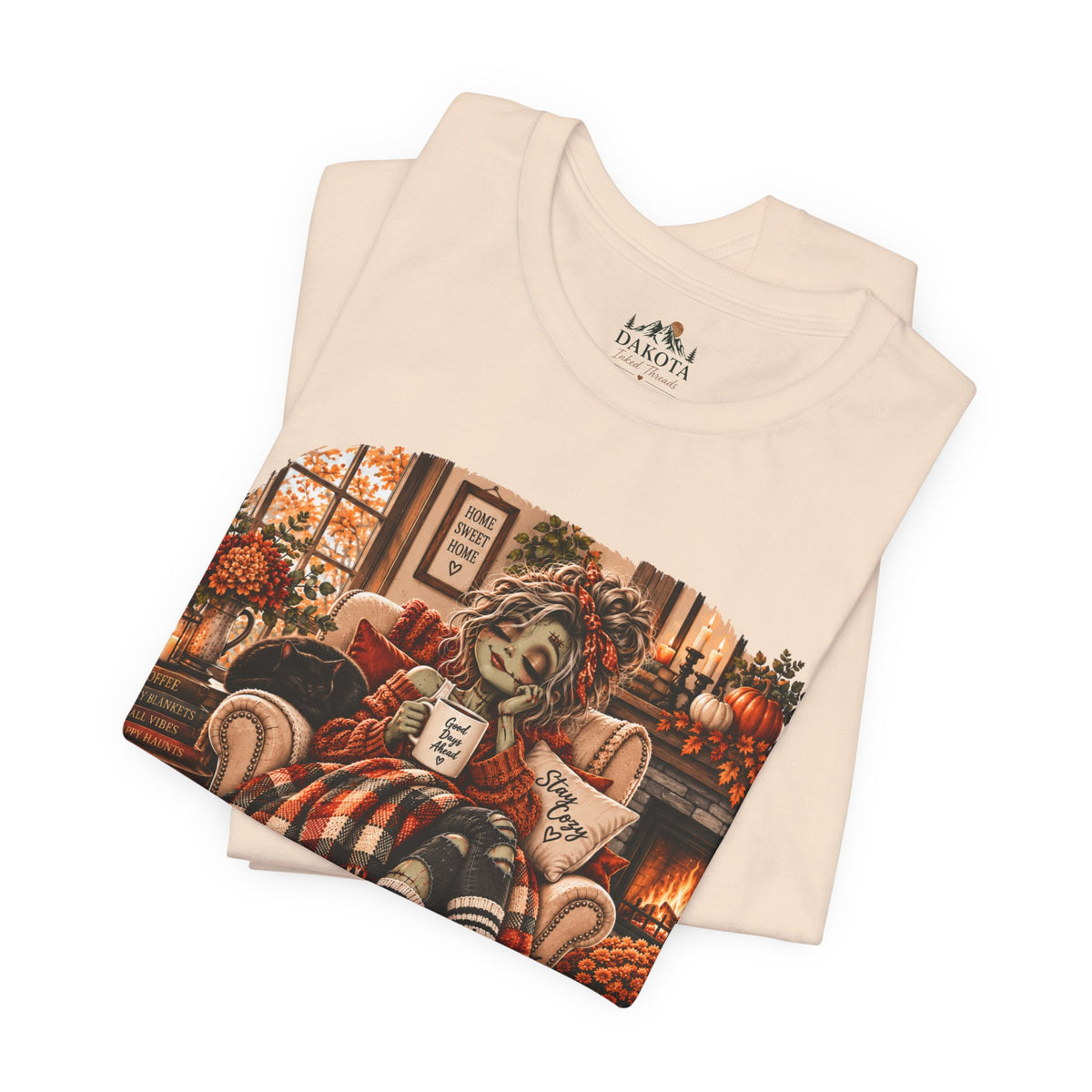 Creature Comforts Cozy Fall T‑Shirt — 'Creature Comforts' Vintage Pumpkin & Plaid Autumn Tee