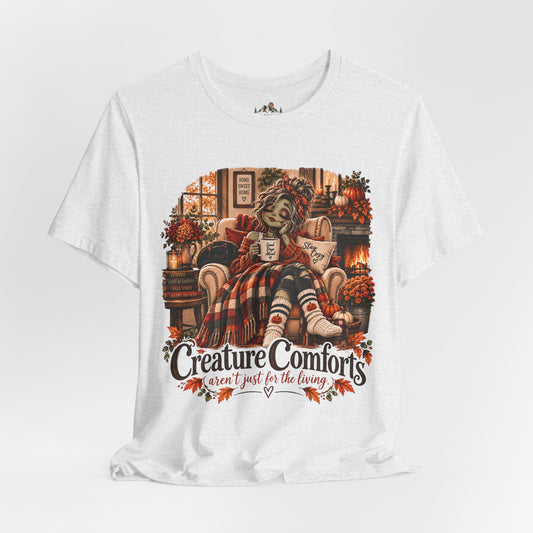 Creature Comforts Cozy Fall T‑Shirt — 'Creature Comforts' Vintage Pumpkin & Plaid Autumn Tee
